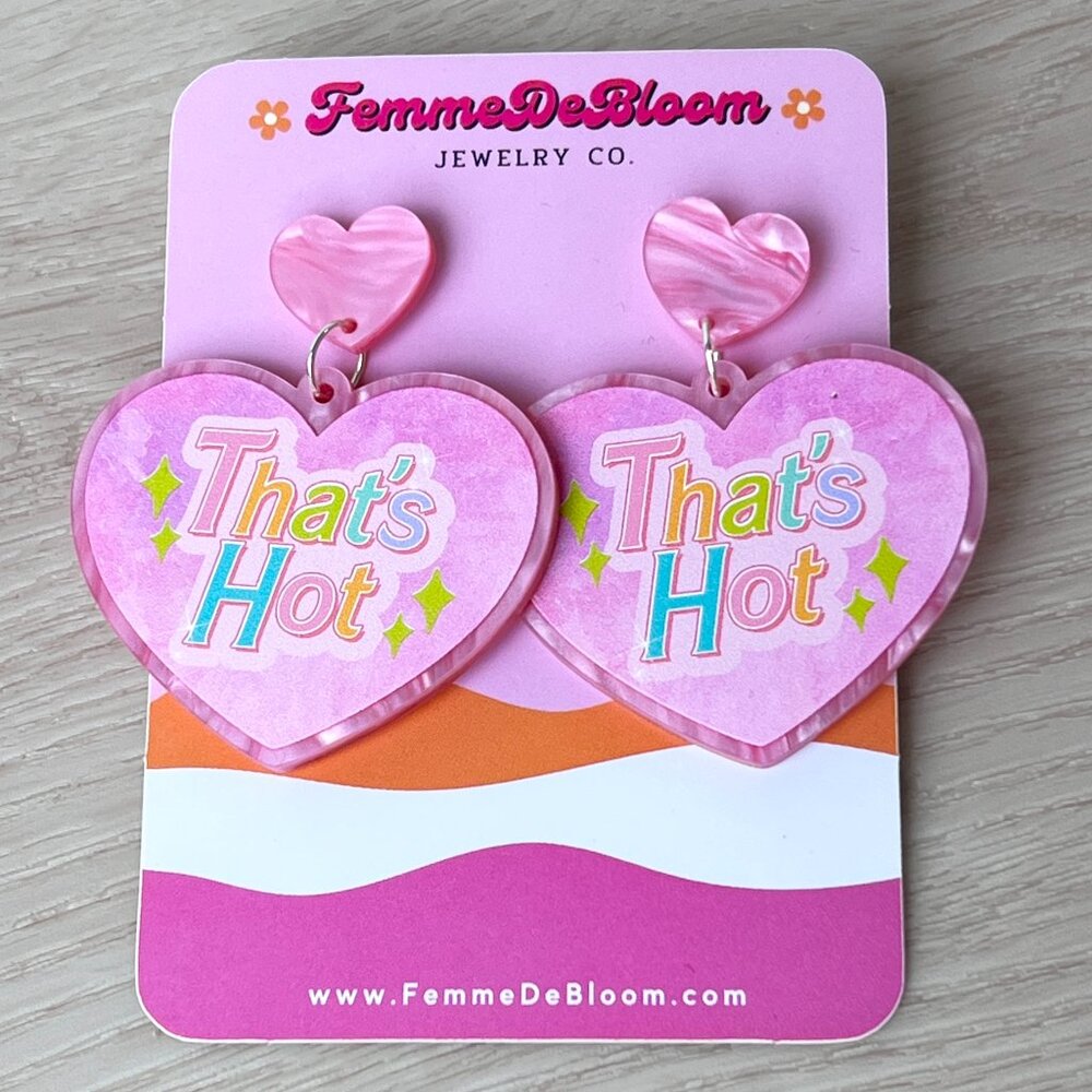 NWT FemmeDeBloom Y2K Paris-Inspired "That's Hot" Pink Heart Drop Earrings - Picture 9 of 9